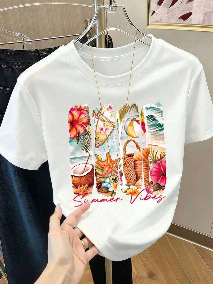 1 Piece Casual Fashion For Men And Women DEAR MOLLY Short Sleeve T-Shirt With Round Neck And Summer Beach Print, Suitable For Parties, Gatherings And Various Occasions, For All Seasons, An Ideal Gift For Mom, Casual For Vacation, White, Versatile, Easy To Match, Suitable For Daily Wear, Urban Style, Vacation Wear, Weekend Wear. - 白色 - 查看 1