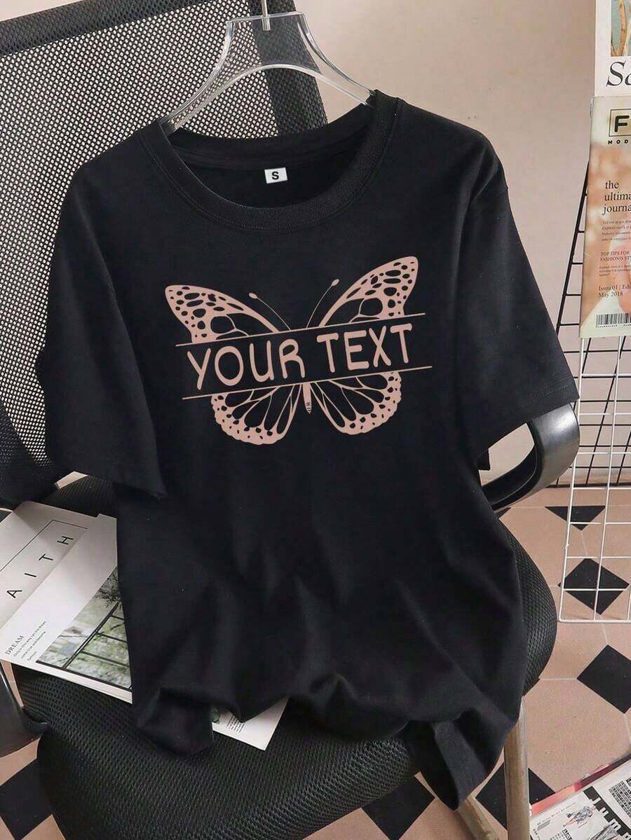 1 Piece Of Women's Botanical Print Cotton T-Shirt, Cool, Breathable, Natural Casual Style, Round Neck, Customizable With Butterfly Design - "Your Text" Design, Casual Round Neck, Suitable For All Seasons, Nature Lover T-Shirt, Animal Rights Statement, Casual Wear. | Customizable Shirt | Short-Sleeved T-Shirt For Girls With Butterfly Decoration, Comfortable Fit, For Everyday Wear In Summer And Vacations. - 黑色 - 查看 1