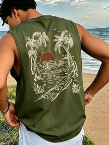 男士海滨度假风海岛元素印花无袖上衣，适合夏季穿着，舒适透气，引领时尚潮流 - 軍綠色 - 查看 2