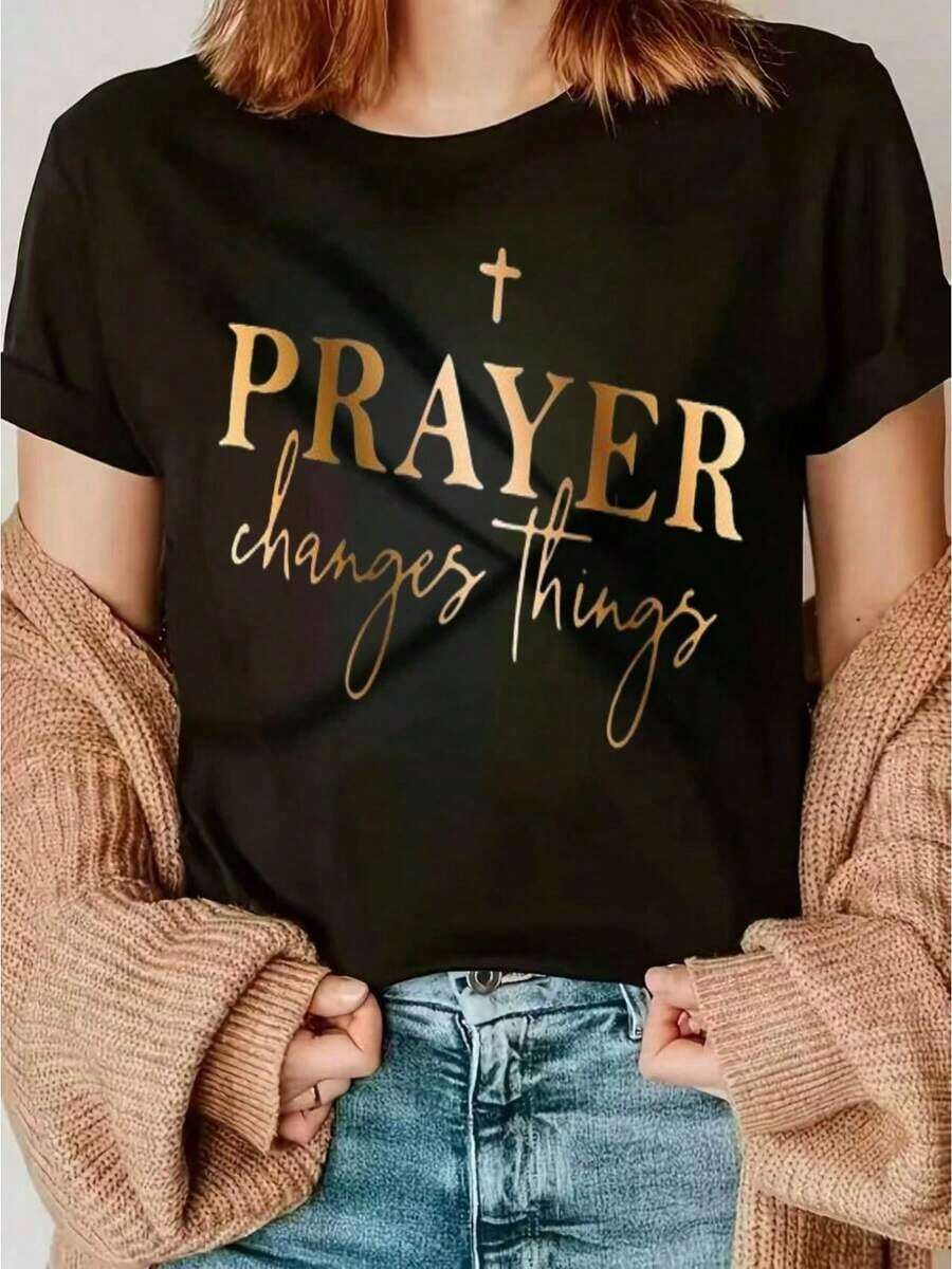 Limited Edition T-Shirt With Prayer Symbol, Gold Metallic Cursive Style, Summer Clothing, Elegant Spiritual Religious T-Shirt, Casual Cotton Crew Neck T-Shirt, Christian Faith, Easter, St. Patrick's Day, Spiritual Motivation Top, Comfortable And Versatile, Lightweight Cotton For Summer - 黑色 - 查看 1
