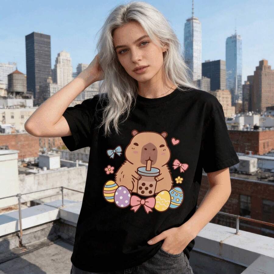 Tops para mujer Casual Negra para Mujer con Estampado de Capibara y Huevo de Pascua, Corte Regular, Manga Corta, de Algodón - Negro - Ver 1