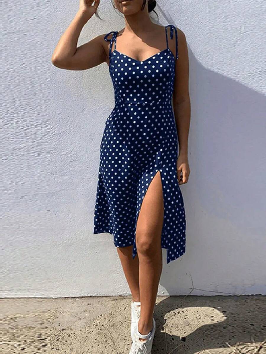 Women's Summer Dresses, Sleeveless Polka Dot Casual Dress With Pleated Elastic Waist And V-Neck, Beach Dress, Summer Dresses - 黑色 - 查看 1