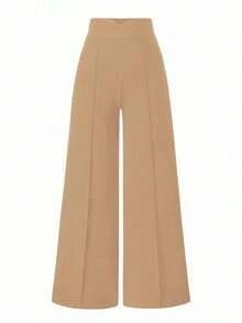 Pantalones anchos de cintura alta de unicolor de uso casual para mujeres - Caqui - Ver 1