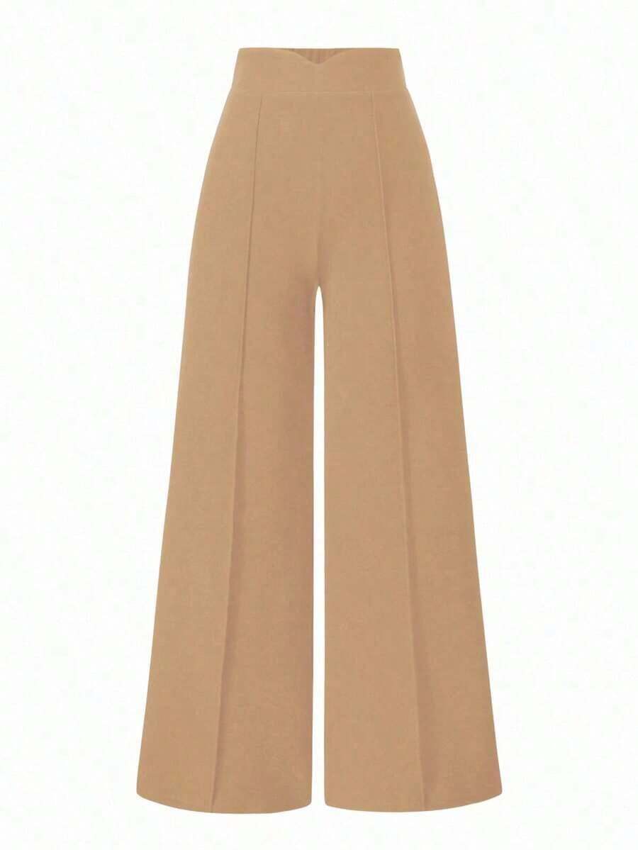 Pantalones anchos de cintura alta de unicolor de uso casual para mujeres - Caqui - Ver 1