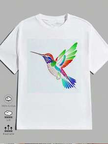Camiseta de mujer moderna, informal, para fiestas y para estar en casa, 100% algodón, corte holgado. 1 blusa de mujer, blusas bonitas para mujer, ropa de mujer, camiseta de algodón blanco, estampado colorido de colibrí, estampado de algodón de alta calidad, cuello redondo, corte básico holgado, para hombre y mujer, transpirable, versátil, lavable a máquina, cómoda, talla S ~ 3XL, para uso diario, casual, deportivo, artículo esencial de verano, 100% algodón. - Blanco - Ver 2
