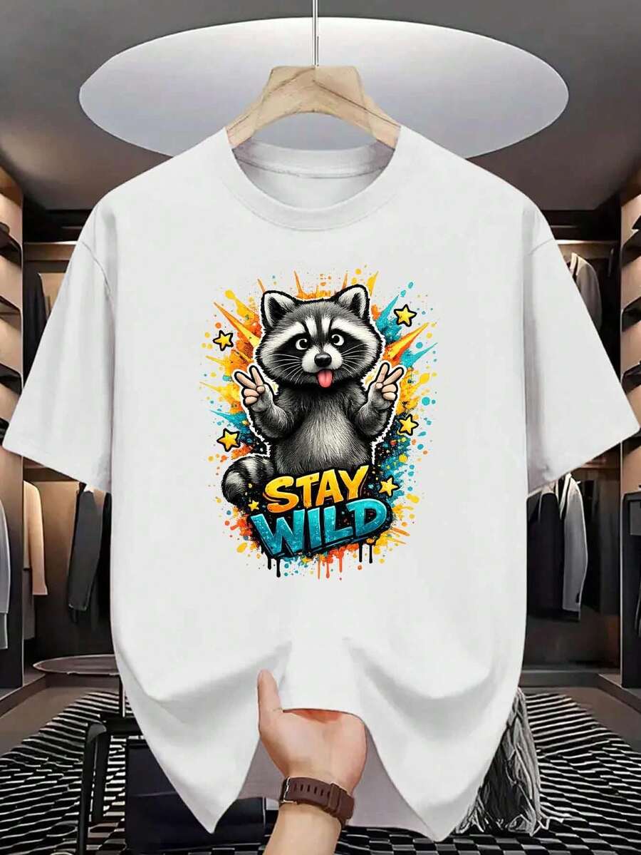 Men's T-Shirt Featuring A Cartoon Raccoon Making A Peace Sign, Graffiti Art Style. Made From Solid-Color Material, This High-Quality T-Shirt Is Durable And Perfect For Casual Wear. Loose And Comfortable Fit. - Mixed Colors - View 1