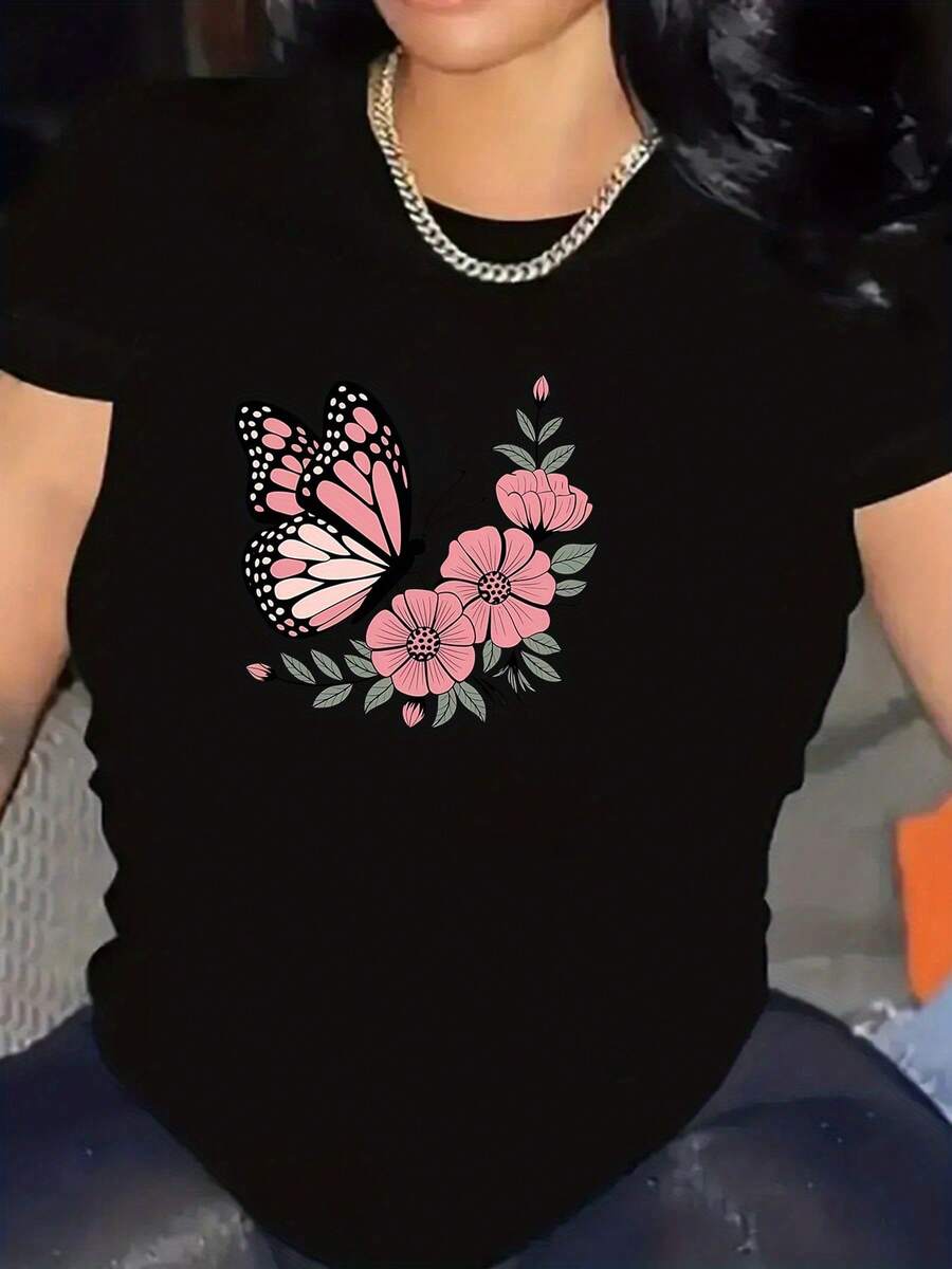 Talla Grande - Camiseta Floral y de Mariposas para Mujer - Top Suave y Elástico con Cuello Redondo, Lavable a Máquina, Ideal para Uso Diario, Oficina, Fiesta, Ropa Casual, Material No Transparente - Negro - Ver 1