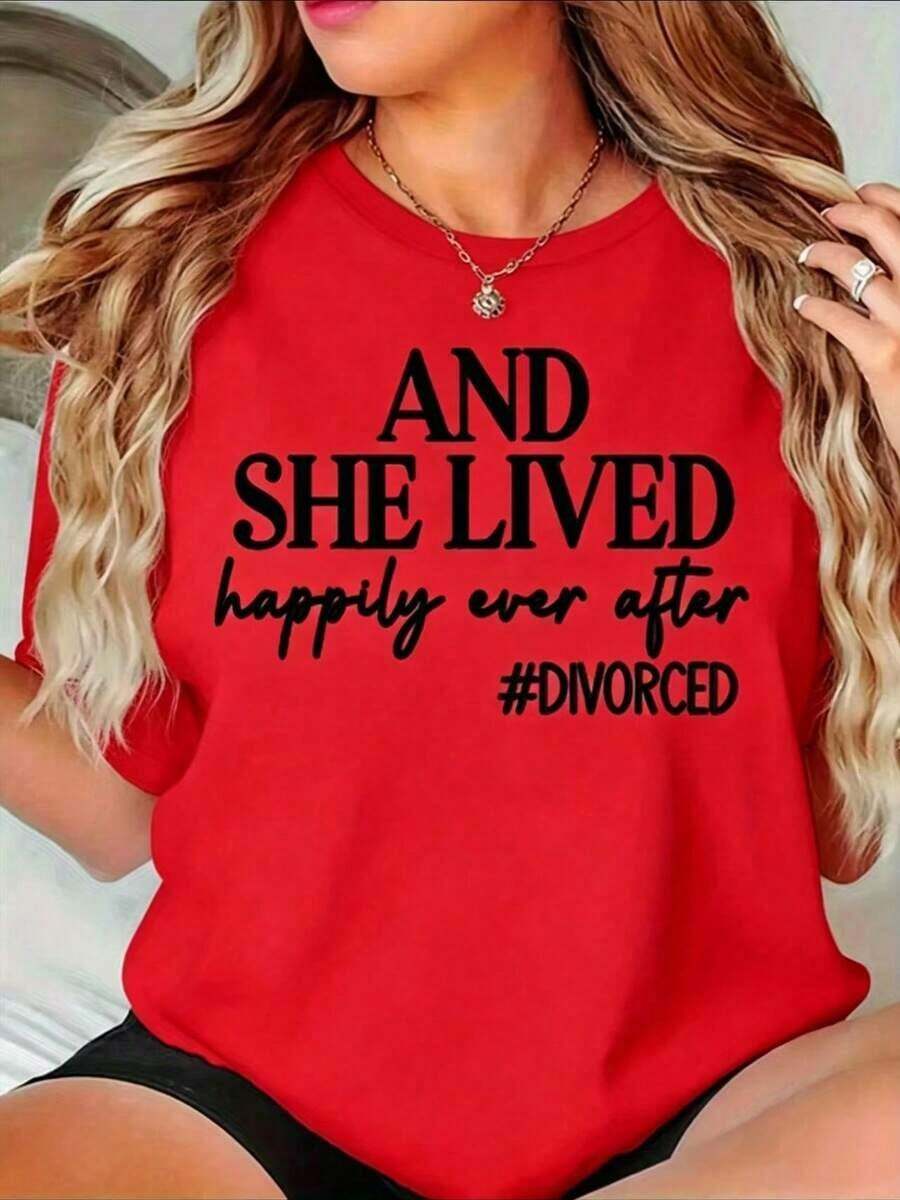 And She Lived Happily Ever After, Women's T-Shirt, Empowerment Gift, Post-Marriage Separation Celebration Clothing, Best Gift Choice For Friends And Family On Important Holidays Like Christmas And Easter, Unisex Short Sleeve T-Shirt, Breathable, Lightweight, Casual For Spring And Summer Parties And Family Gatherings On Holidays, Women's T-Shirts, Tee - 紅色 - 查看 1
