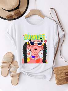 Camiseta de mujer, cómoda y casual, de manga corta y cuello redondo, con un diseño de una chica de dibujos animados usando gafas de sol y sacando la lengua, divertida y de colores vivos, de longitud regular, adecuada para todas las estaciones, moda cotidiana, ideal para la ropa de mujer de primavera y verano. - Blanco - Ver 1
