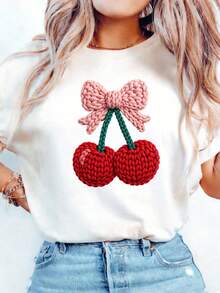 Women's T-Shirt, Short Sleeve, Round Neck, New Spring-Summer 2026 Style, Casual, With Cherry Bow Print For Valentine's Day, Fun Regular Fit Top For Women. | Breathable Fabric - 白色 - 查看 6