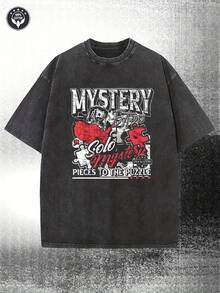 1 Men's 230 G/M² Washed Effect T-Shirt - Mysterious Puzzle Print T-Shirt, Suitable For Both Casual And Formal Wear, Loose Fit And Urban Style, Eye-Catching Print, Durable Fabric, Available In Various Colors (Blue/Red/White/Black/Grey) - A Choice For Puzzle Game Enthusiasts. 100% Cotton, 230 G. - 黑色 - 查看 1