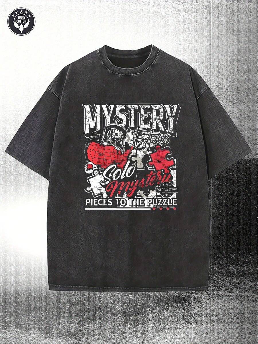 1 Men's 230 G/M² Washed Effect T-Shirt - Mysterious Puzzle Print T-Shirt, Suitable For Both Casual And Formal Wear, Loose Fit And Urban Style, Eye-Catching Print, Durable Fabric, Available In Various Colors (Blue/Red/White/Black/Grey) - A Choice For Puzzle Game Enthusiasts. 100% Cotton, 230 G. - 黑色 - 查看 1