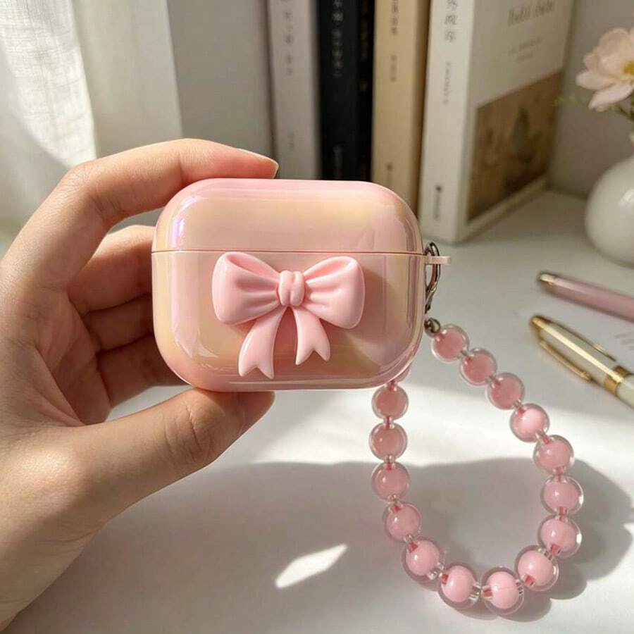 Ốp lưng hình nơ dễ thương màu hồng ánh kim với mặt dây chuyền ngọc trai giả màu hồng, tương thích với ốp sạc không dây của Apple, chống trầy xước và chống rơi vỡ. - Hồng - Xem 1