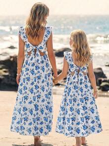 Vestido largo sin mangas con estampado floral para niñas, vestido casual de estilo vacacional con espalda descubierta, volantes en el bajo y tirantes (moño desmontable) - Blanco - Ver 2