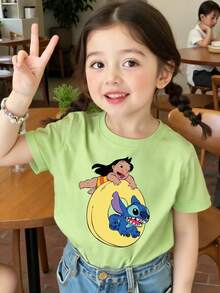 Disney Lilo And Stitch Printed Pattern T-Shirts For Girls - Children's Clothing Design Short-Sleeved Casual And Cute Style Comfortable And Casual Wear All Year Round Suitable For Parties And Play Machine Washable Gift Children's Clothing Girls' Short-Sleeved Shirts - 抹茶綠 - 查看 1