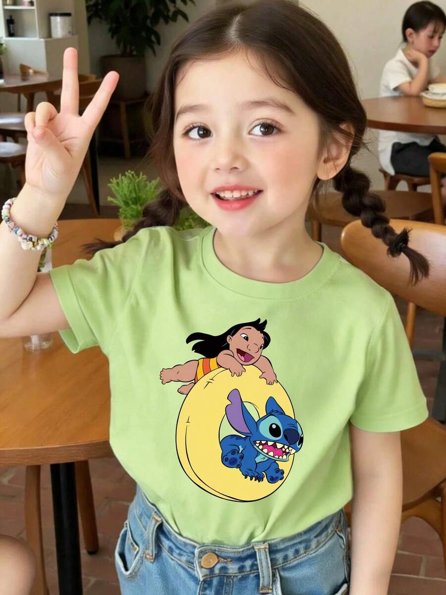 Disney Lilo And Stitch Printed Pattern T-Shirts For Girls - Children's Clothing Design Short-Sleeved Casual And Cute Style Comfortable And Casual Wear All Year Round Suitable For Parties And Play Machine Washable Gift Children's Clothing Girls' Short-Sleeved Shirts - 抹茶綠 - 查看 1