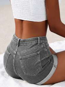 Celana Pendek Denim Wanita Seksi dengan Detail Sobek, Elastis, Pas Badan, dan Potongan Lurus, Musim Panas - Grey - View 6