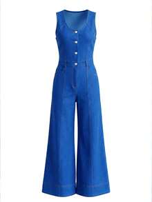 Magic Mia  Women's Sleeveless Wide Leg Jumpsuit - With Button Front Closure & Seam Detail | Flattering High Waisted Fit For Brunch Dates, Weekend Outings, Shopping Trips, Vacation Getaways, Casual Gatherings, Coffee Runs & Effortless Styling (Versatile & Figure-Enhancing) For Confident, Polished Looks - Màu xanh lam - Xem 5