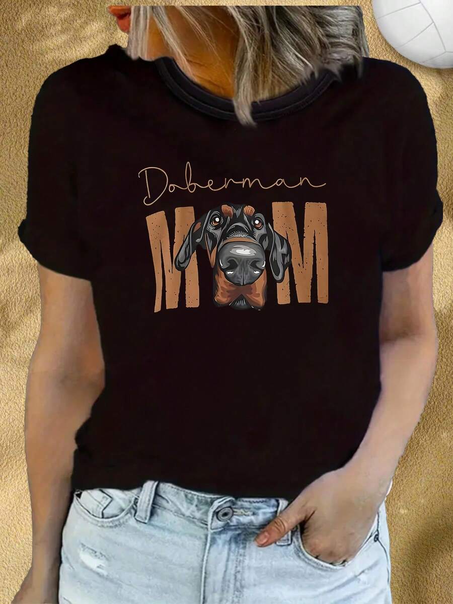 Camiseta de Mamá Doberman | Diseño con Cara de Perro Doberman Negro y Texto de Mamá Para Amantes de los Perros | Ropa Casual Diseño Artístico Sol y Luna | Camiseta Suave y Transpirable de Cuello Redondo | Manga Corta Tejido Ligero | Moda Color Sólido ustado y Elegante | uste Hoado Por Favor
