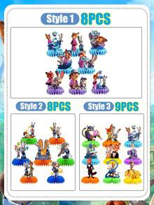 Disney Bộ trang trí trung tâm tổ ong chủ đề Judy và Nick, trang trí bàn làm việc rực rỡ phù hợp cho các bữa tiệc thẩm mỹ và chụp ảnh, được thiết kế nhấn mạnh vào màu sắc sống động và thẩm mỹ tươi vui. Thiết kế độc đáo với các họa tiết in đậm, bắt mắt của Judy, Nick và các nhân vật khác, kết hợp với đế tổ ong sáng màu sẽ nổi bật trong bất kỳ bối cảnh bàn nào. - Đồ trang trí - Xem 7