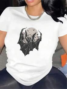 Women's Pure Cotton Bat Print T-Shirt, Suitable For Both Home And Restaurant, Lightweight And Durable, The First Choice For Casual Occasions, Comfortable Fit, Fashionable Printed T-Shirt For Everyday Use, Soft Fabric, Modern Women's Clothing. - 白色 - 查看 7