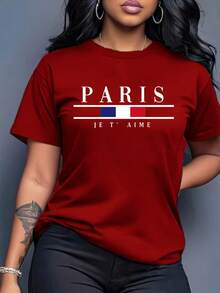 Women's "PARIS JE T'AIME" Short-Sleeved T-Shirt With Flag Print, Round Neck, Machine Washable, Comfortable, Soft, Breathable, Suitable For Spring, Summer, And Autumn. Loose, Casual, Fashionable, Ideal For Everyday Wear And Work, Simple And Versatile, Sizes S-XXL. - 黑色 - 查看 8