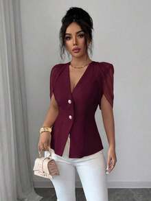 Blazer elegante y romántico para mujer con cuello en V, plisado y cintura ceñida - Burdeos - Ver 3