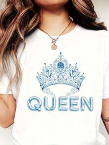 Manga corta, talla grande - Camiseta casual de cuello redondo para mujer, talla grande, con estampado de corona de reina y letras - Tela suave, corta, para todas las estaciones, top versátil, ropa casual, material ligero, para el tiempo libre. - Blanco - Ver 6