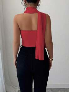 Top de camisola plisado con decoración de bufanda de malla elegante para mujeres - Rojo - Ver 2