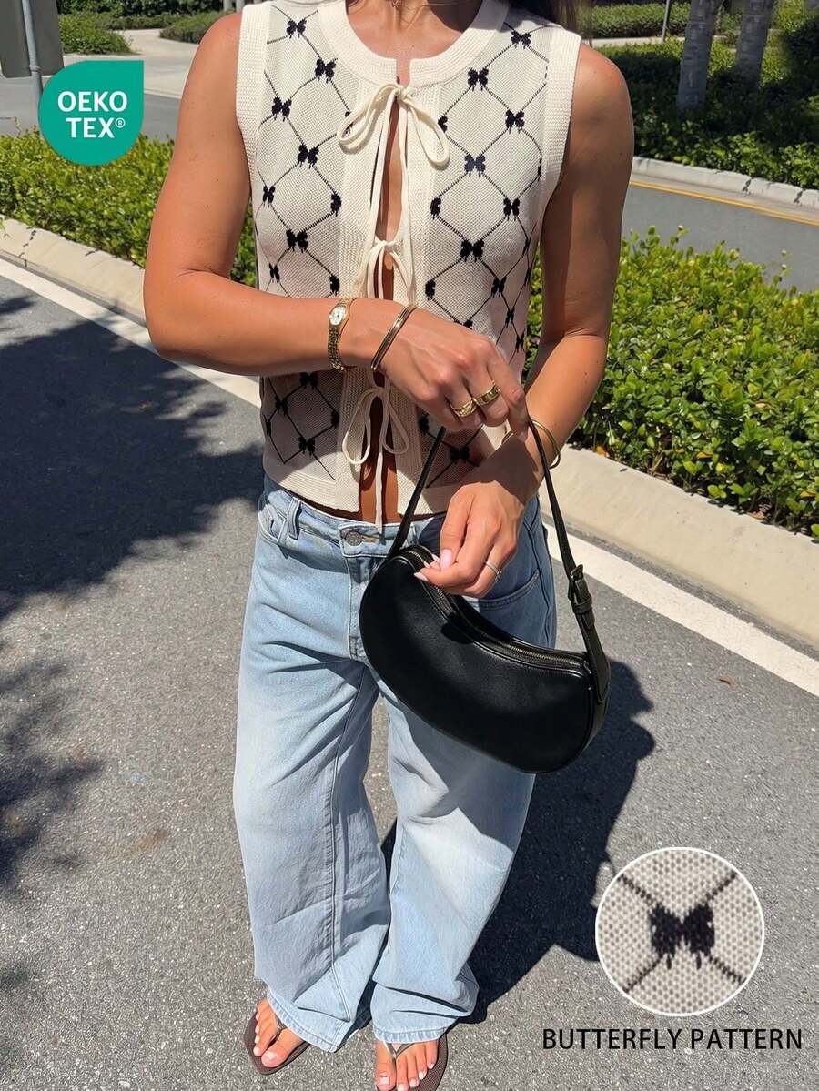 女士夏季新款休闲蝴蝶结针织开衫，慵懒柔软的通勤风格，搭配无袖背心，打造夏季造型