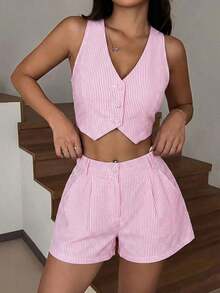 Conjunto de chaleco sin mangas y pantalones cortos a rayas azul y blanco, apto para primavera/verano y otoño/invierno - Rosa - Ver 7