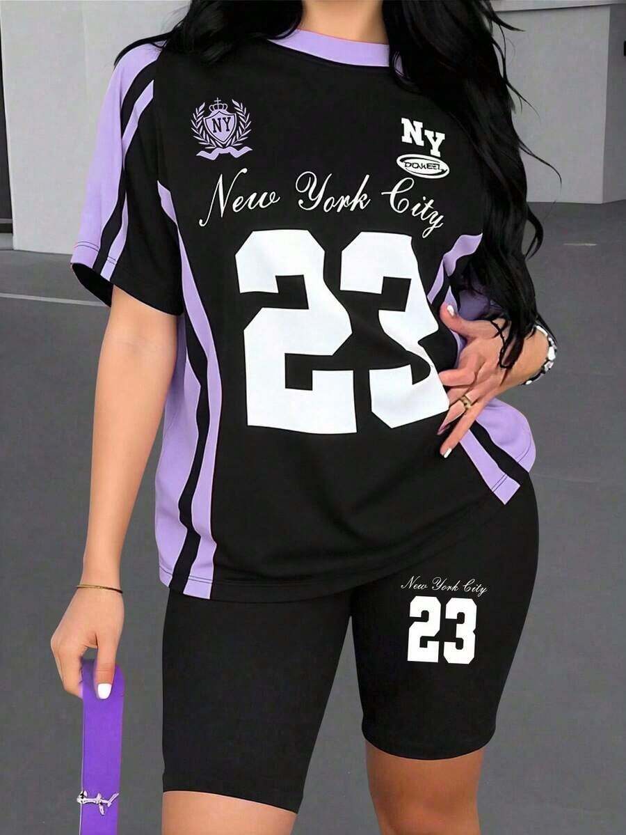 Conjunto de camiseta y pantalones cortos de ciclista con estampado gráfico de número 13 y eslogan, de moda casual para mujer - Multicolor 5 - Ver 1
