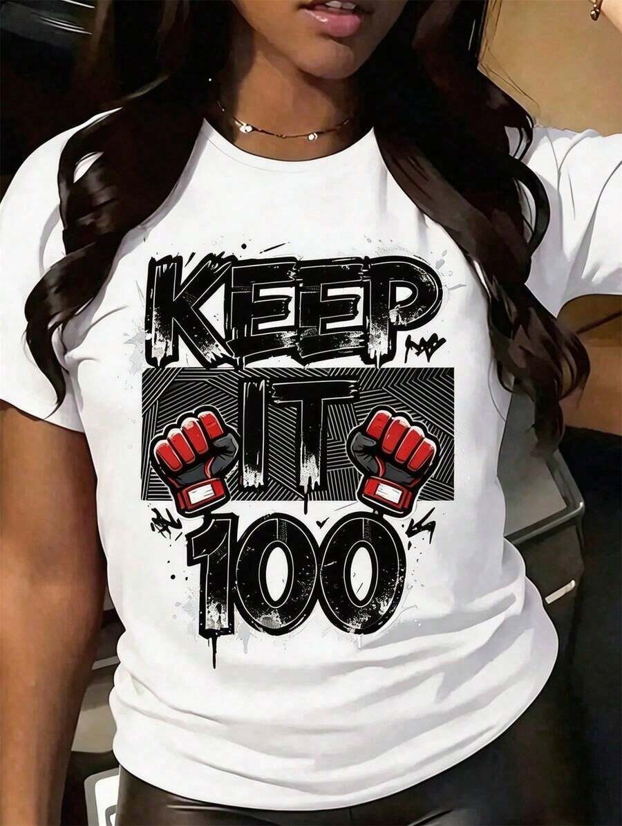 Camiseta gráfica de manga corta para mujer "Keep It 100" - Diseño de texto tridimensional plateado - Camiseta casual de cuello redondo para uso diario y ocio. - Blanco 3 - Ver 1