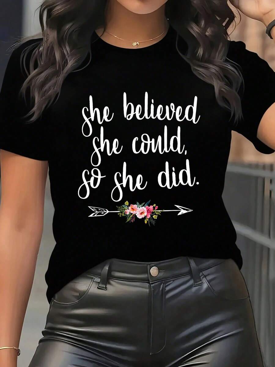 Camiseta Motivacional "Ella Creía que Podía" - Manga Corta Negra con Cuello Redondo, Estampado en Negrita, uste Cómodo y Elástico, Lavable a Máquina, Tallas S-XXL, I para Ropa Casual y Outfi