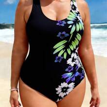 Traje de baño de una pieza de talla grande para mujer, estampado, para mujeres con curvas, que realza la figura, estilo deportivo. - Degradado azul - Ver 4