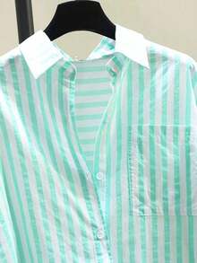 Camisa de manga larga casual con bolsillo en el pecho y estampado de rayas para mujeres, otoño e invierno - verde menta - Ver 3