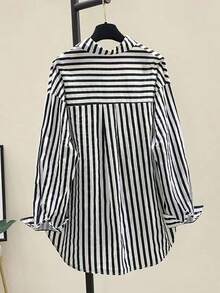 Camisa de manga larga casual con bolsillo en el pecho y estampado de rayas para mujeres, otoño e invierno - Azul marino - Ver 2