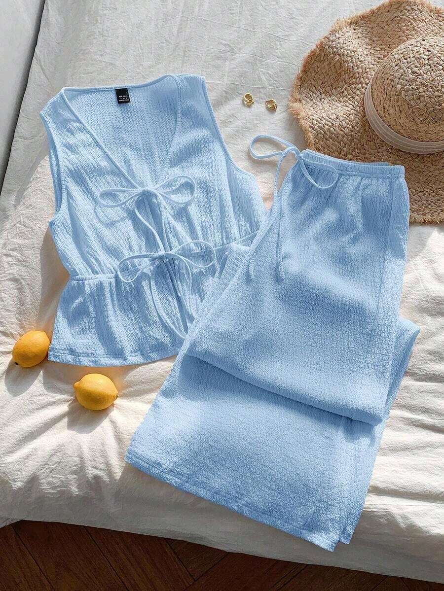 Conjunto informal de chaleco y pantalones con cordones en marrón para mujer - Azul - Ver 1