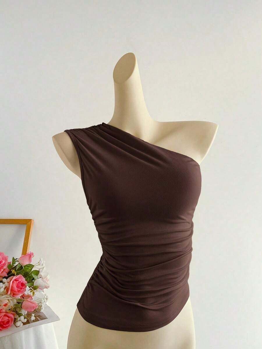 Blusa corta de un hombro con pliegues color albaricoque, minimalista, casual, elegante y versátil para uso diario de mujer, primavera/verano - Marrón - Ver 1