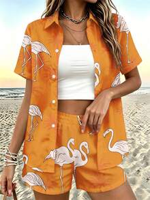 Casual Spring And Summer Womens Clothing Printed Short Sleeved Shirt Shorts Set Flamingo Pattern Sleeve Shirt Set Beach Vacation Holiday Gift For Her - 彩色 - 查看 2