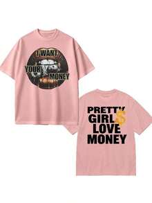 Fly "I Want Your Money" Hip-Hop Style T-Shirt, 100% Cotton, Double-Sided Print, Suitable For Men And Women, The Best Gift For Summer, Casual Short Sleeve T-Shirt - Premium Cotton T-Shirts With Graphic Print And Round Neck - Unisex Loose Fit T-Shirt, Comfortable, Urban Vintage Style. - 粉色 - 查看 2