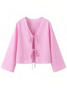 Camisa veraniega casual de unicolor con atar al frente para mujeres - Rosa - Ver 3