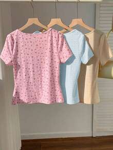 Set de 3 camisetas de cuello redondo de manga corta de punto con rayas minimalistas de estilo casual para mujer en colores café marrón y blanco, adecuadas para el uso diario, citas, reuniones, otoño/invierno/verano, Navidad, Año Nuevo, Acción - Multicolor 3 - Ver 3