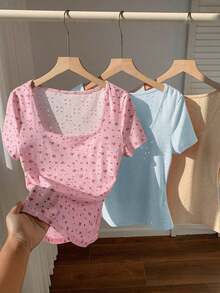 Set de 3 camisetas de cuello redondo de manga corta de punto con rayas minimalistas de estilo casual para mujer en colores café marrón y blanco, adecuadas para el uso diario, citas, reuniones, otoño/invierno/verano, Navidad, Año Nuevo, Acción - Multicolor 3 - Ver 7