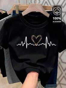 Camiseta casual para mujer, estampado de leopardo con motivos de corazones y líneas, cuello redondo, manga corta, transpirable para el verano, lavable a máquina, material semitransparente. - Negro - Ver 5