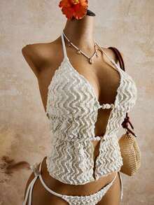 Bellisia Top de bikini de mujer de punto texturizado marrón con cuentas y piedras - Multicolor - Ver 4