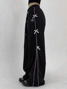 Pantalones casuales de pierna ancha con cordón en contraste y ribeteamionto - Negro 3 - Ver 1