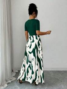 Vestido de línea A con cuello en V y cintura recogida con patrón abstracto en blanco y negro y decoración de hebilla de metal, elegante para uso diario, vacaciones, estilo retro francés, viajes, San Valentín, citas, ropa de calle, fiestas, principios de primavera/primavera-verano - Marrón - Ver 10