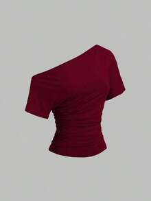 Nueva camiseta casual de primavera/verano para mujer, de estilo elegante y chic de la calle, con hombro asimétrico, ajuste delgado, deportiva, versátil y cómoda - Burdeos - Ver 8