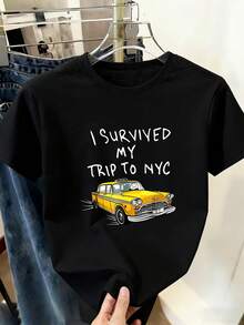 Camiseta de verano premium para mujer, con estampado de recuerdo de viaje a Nueva York, con el texto "SOBREVIVÍ A MI VIAJE A NYC", acompañada de una ilustración de un taxi amarillo, elegante camiseta de cuello redondo de corte holgado para uso diario, suave, agradable al tacto, transpirable, moderna y sencilla, camiseta de manga corta para mujer. - Negro - Ver 1